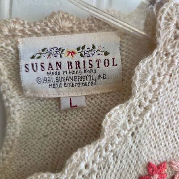 Susan Bristol 1991 Large Knit Top Hand Embroider Floral Keyhole Beige Deadstock - Picture 3 of 8